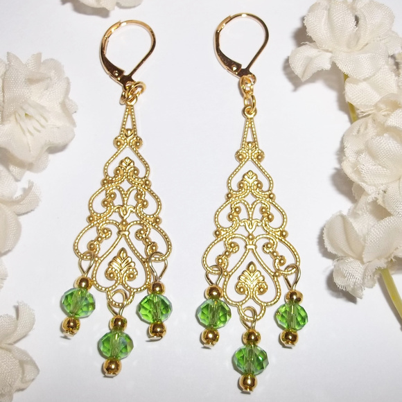 Chandelier Earring Set Statement Green & Gold 4888 - Picture 2 of 8